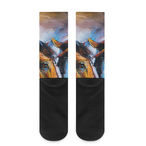 Couple Horses Painting Print Crew Socks