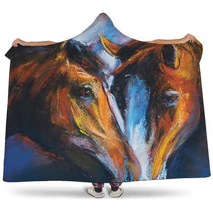 Couple Horses Painting Print Hooded Blanket