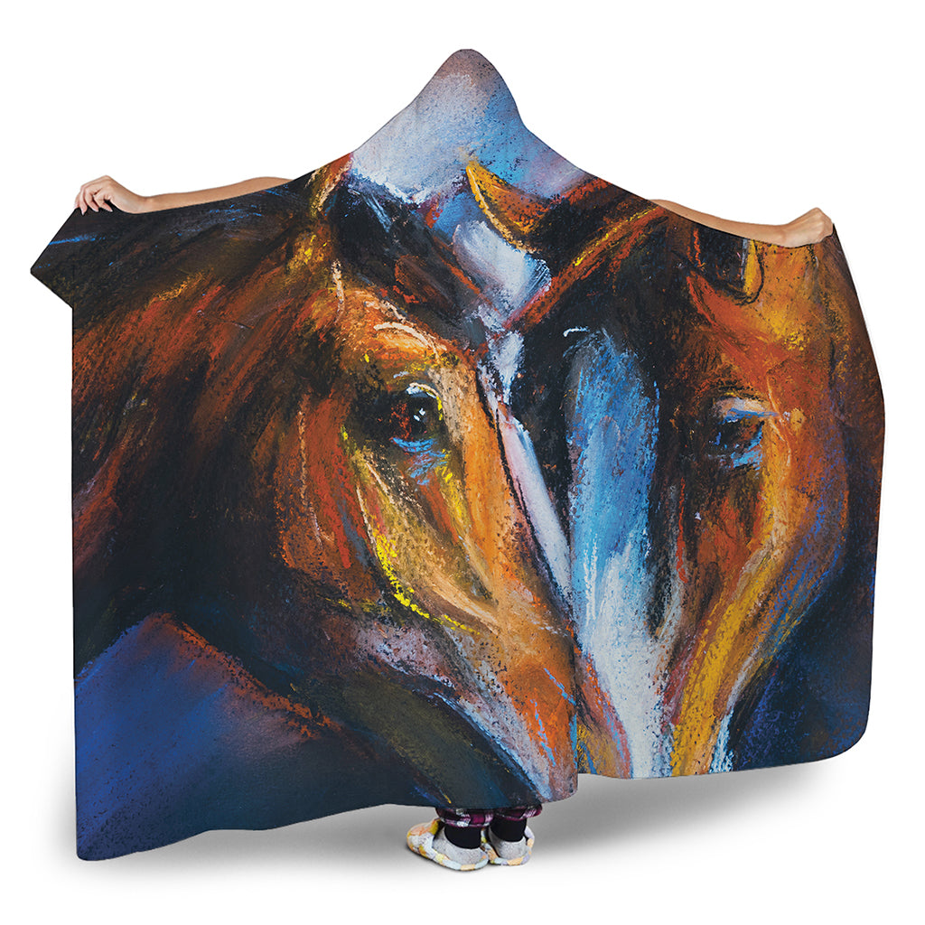 Couple Horses Painting Print Hooded Blanket
