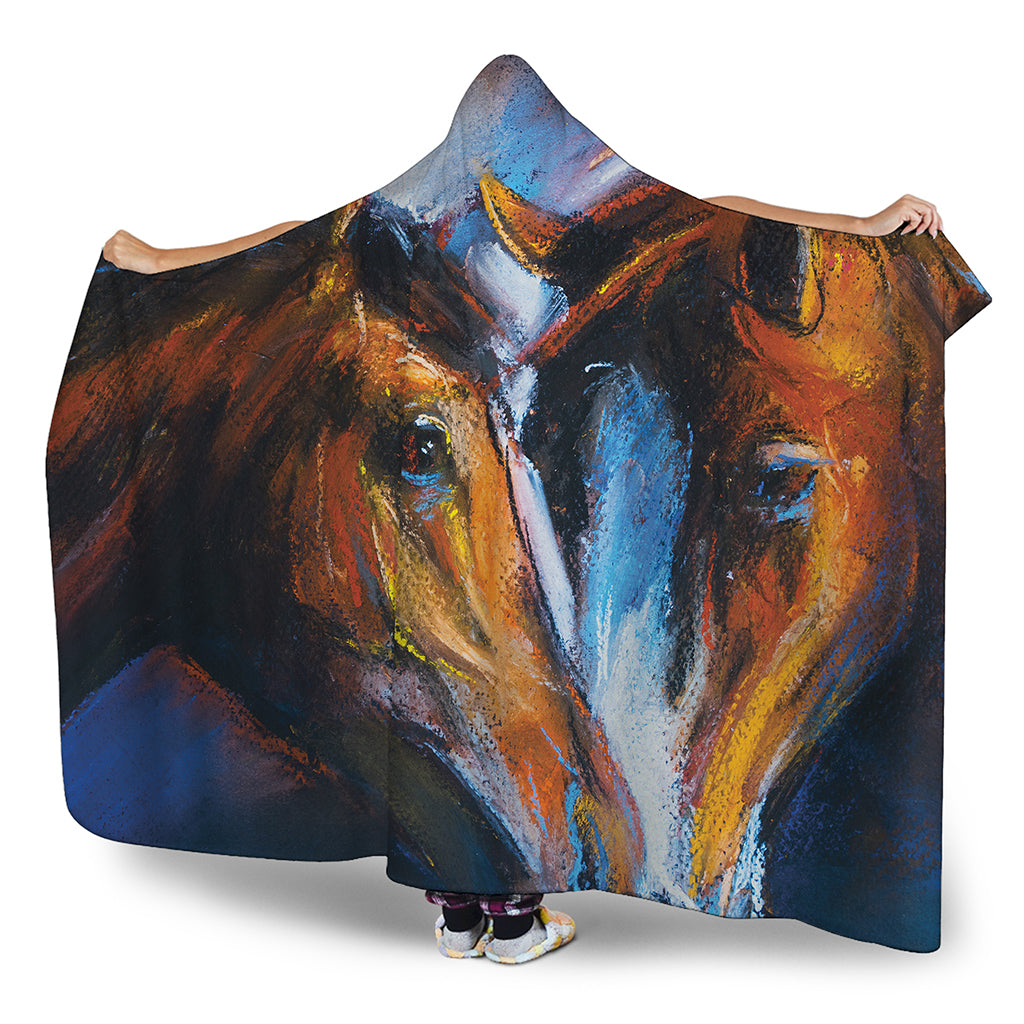 Couple Horses Painting Print Hooded Blanket
