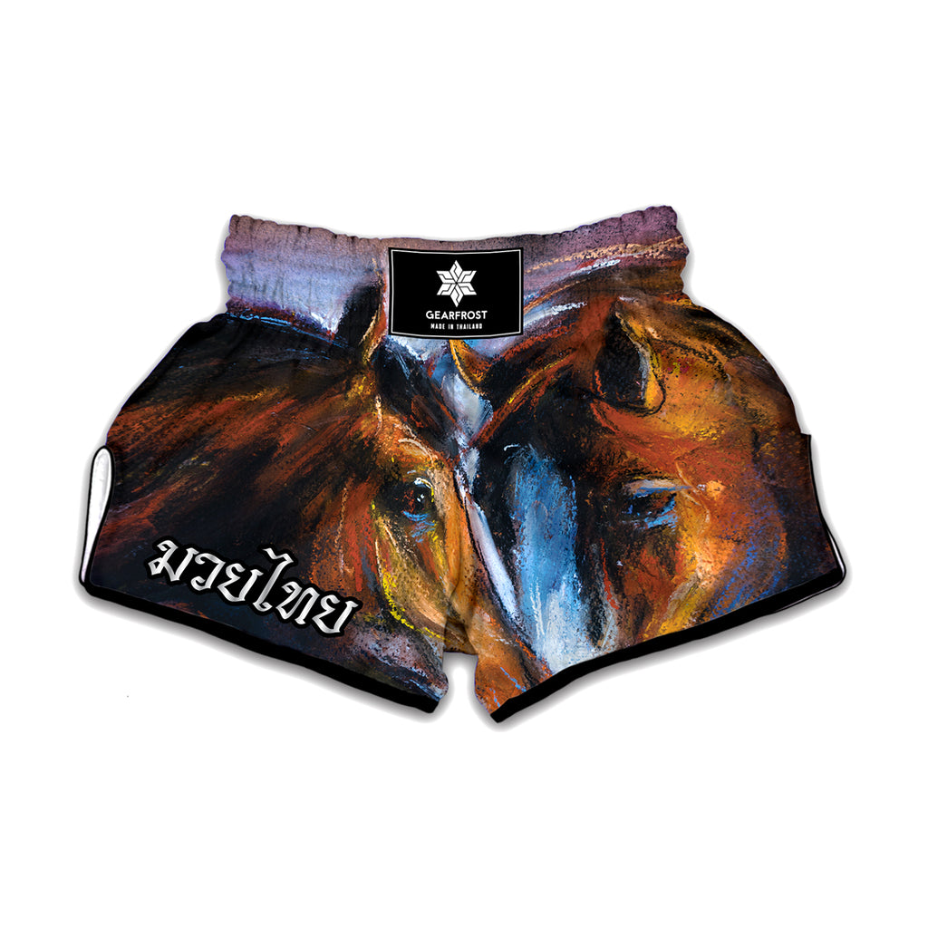 Couple Horses Painting Print Muay Thai Boxing Shorts