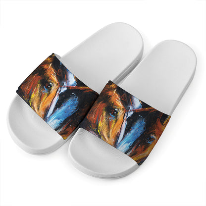 Couple Horses Painting Print White Slide Sandals