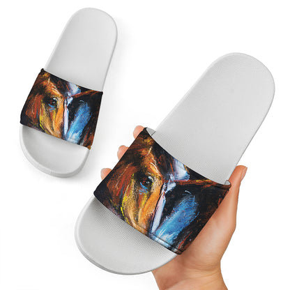 Couple Horses Painting Print White Slide Sandals