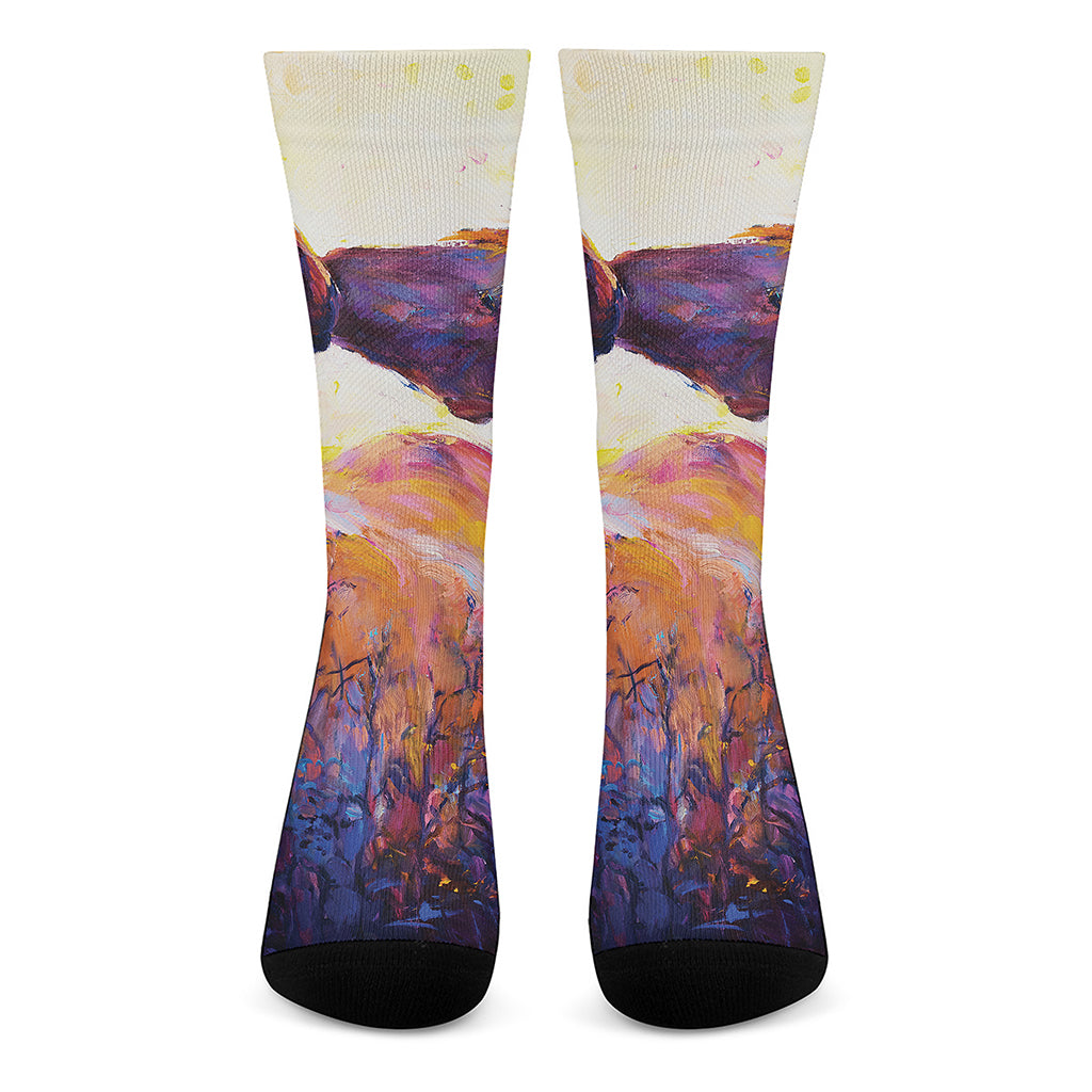 Couple Horses Portrait Print Crew Socks