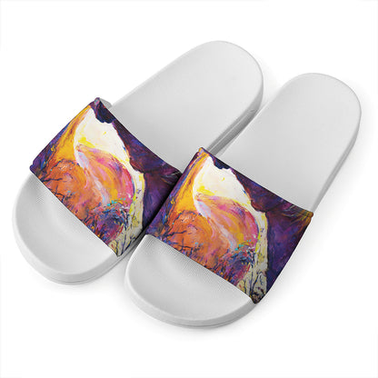 Couple Horses Portrait Print White Slide Sandals