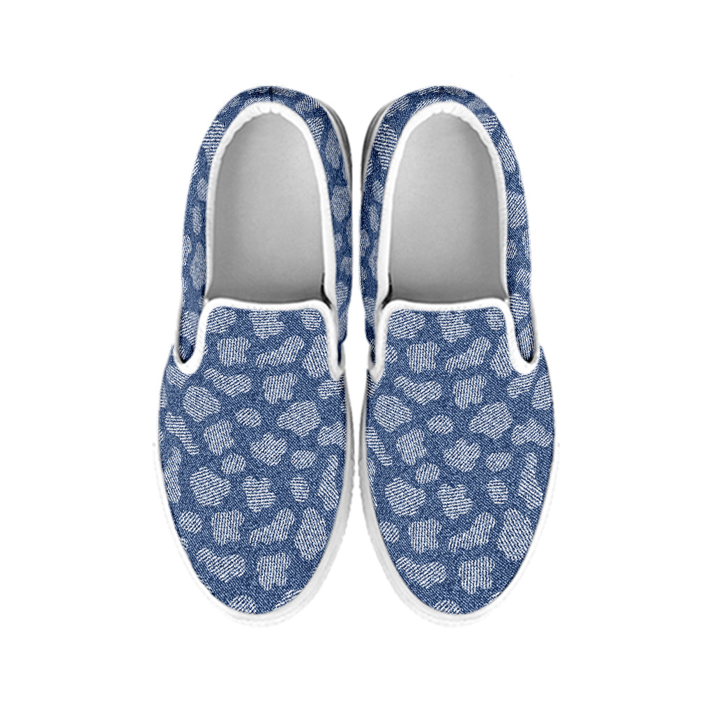 Cow Denim Jeans Pattern Print White Slip On Shoes