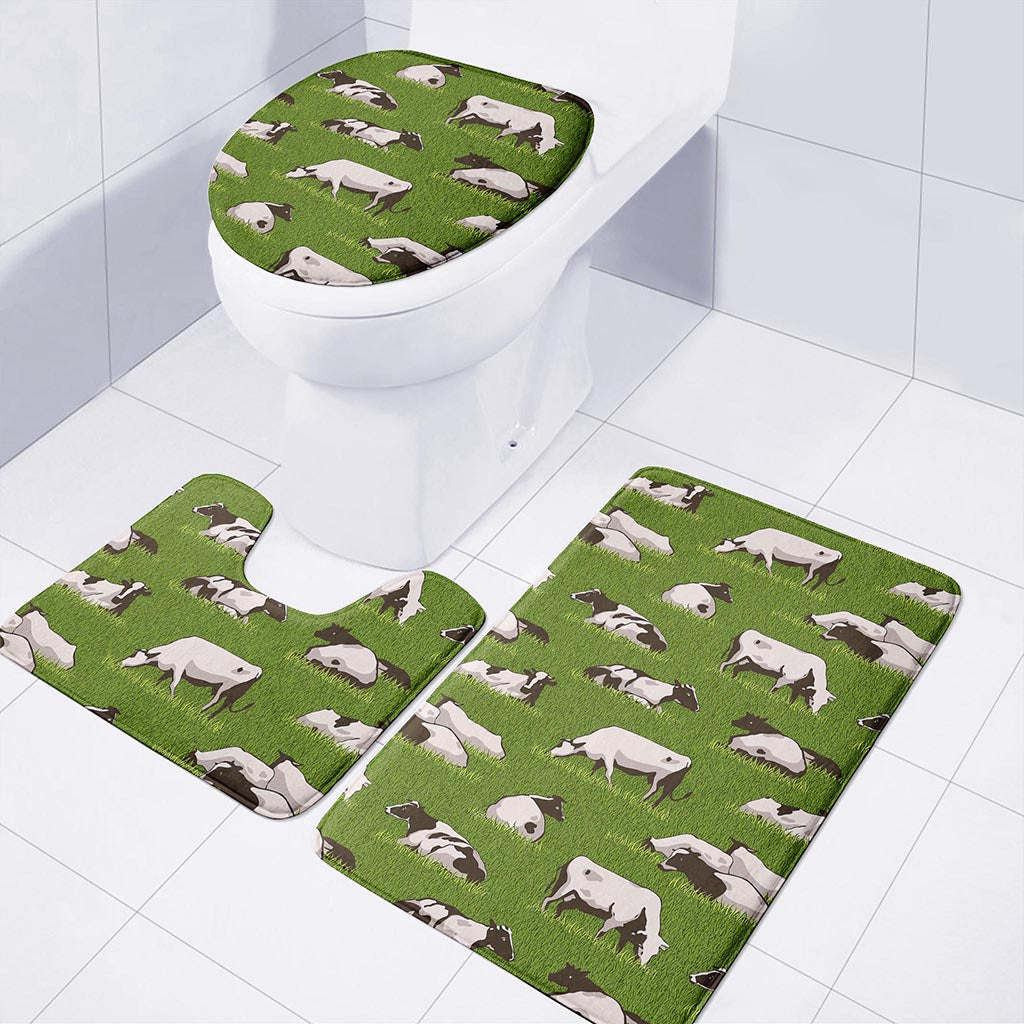 Cow On Green Grass Pattern Print 3 Piece Bath Mat Set