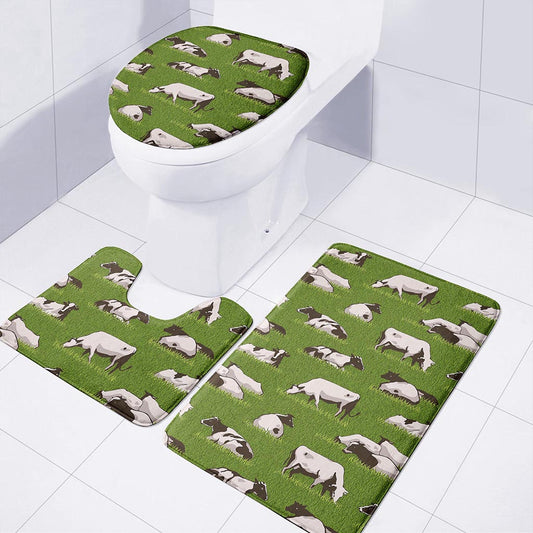 Cow On Green Grass Pattern Print 3 Piece Bath Mat Set
