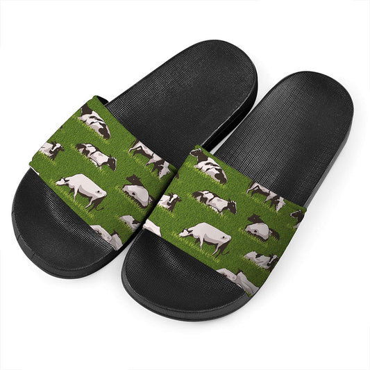 Cow On Green Grass Pattern Print Black Slide Sandals