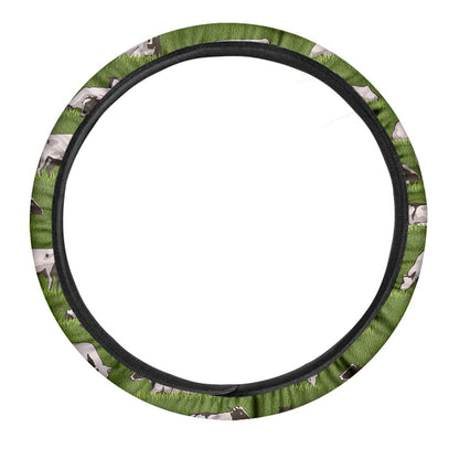 Cow On Green Grass Pattern Print Car Steering Wheel Cover