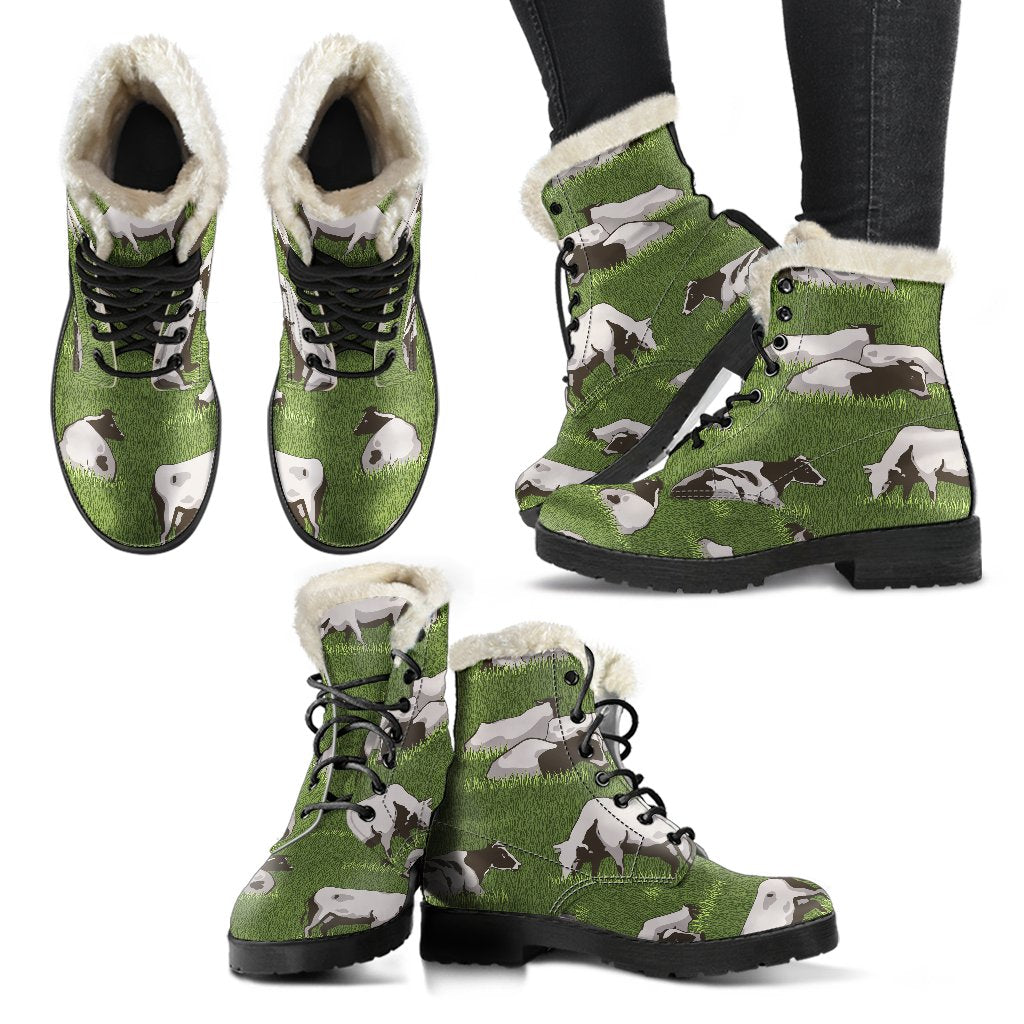 Cow On Green Grass Pattern Print Comfy Boots GearFrost