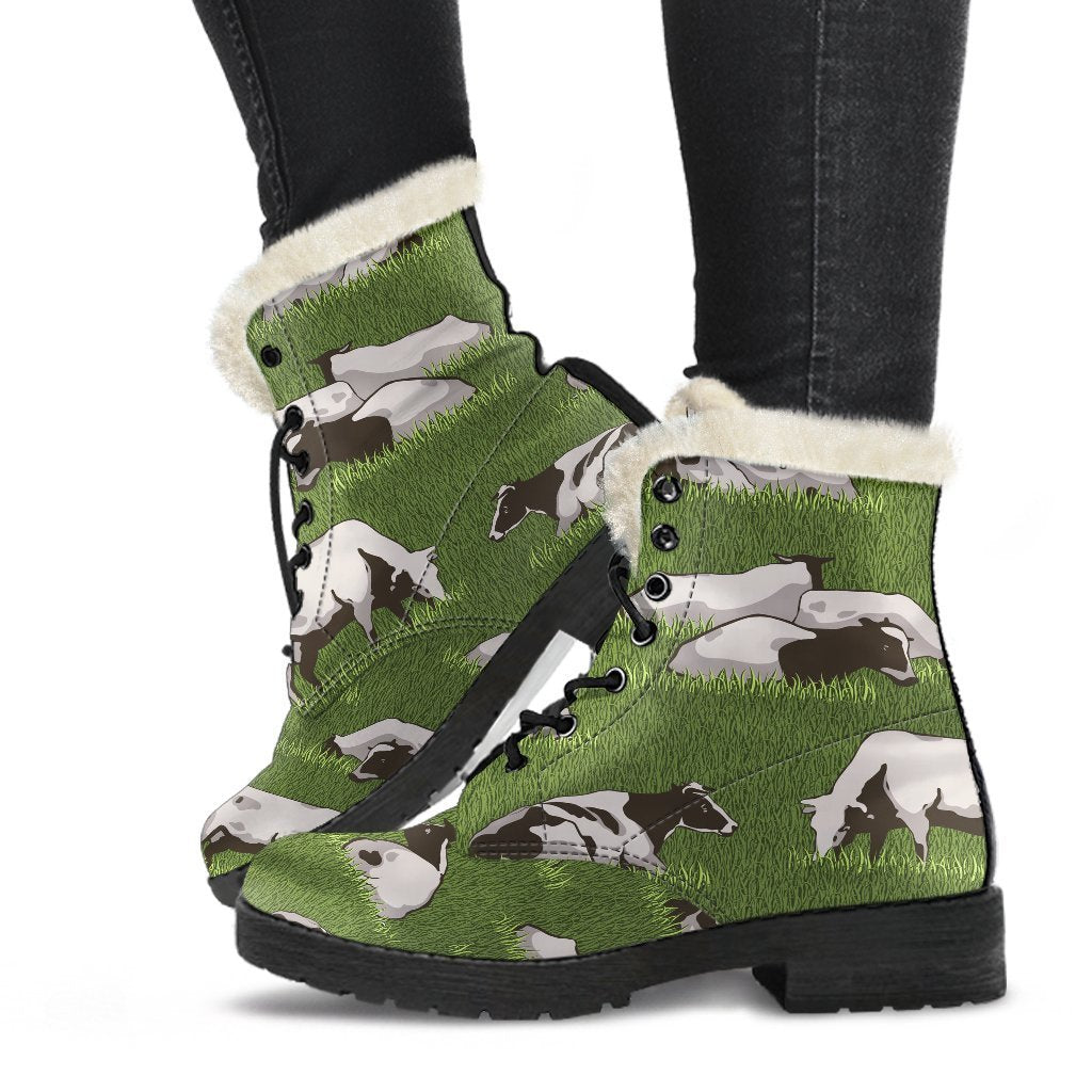 Cow On Green Grass Pattern Print Comfy Boots GearFrost