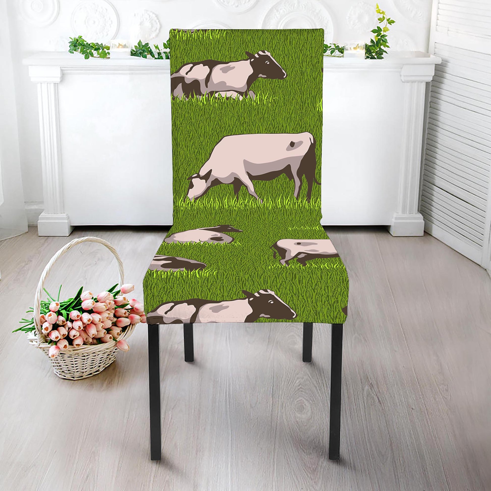 Cow On Green Grass Pattern Print Dining Chair Slipcover