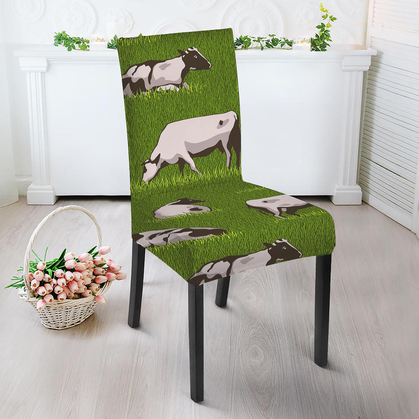 Cow On Green Grass Pattern Print Dining Chair Slipcover