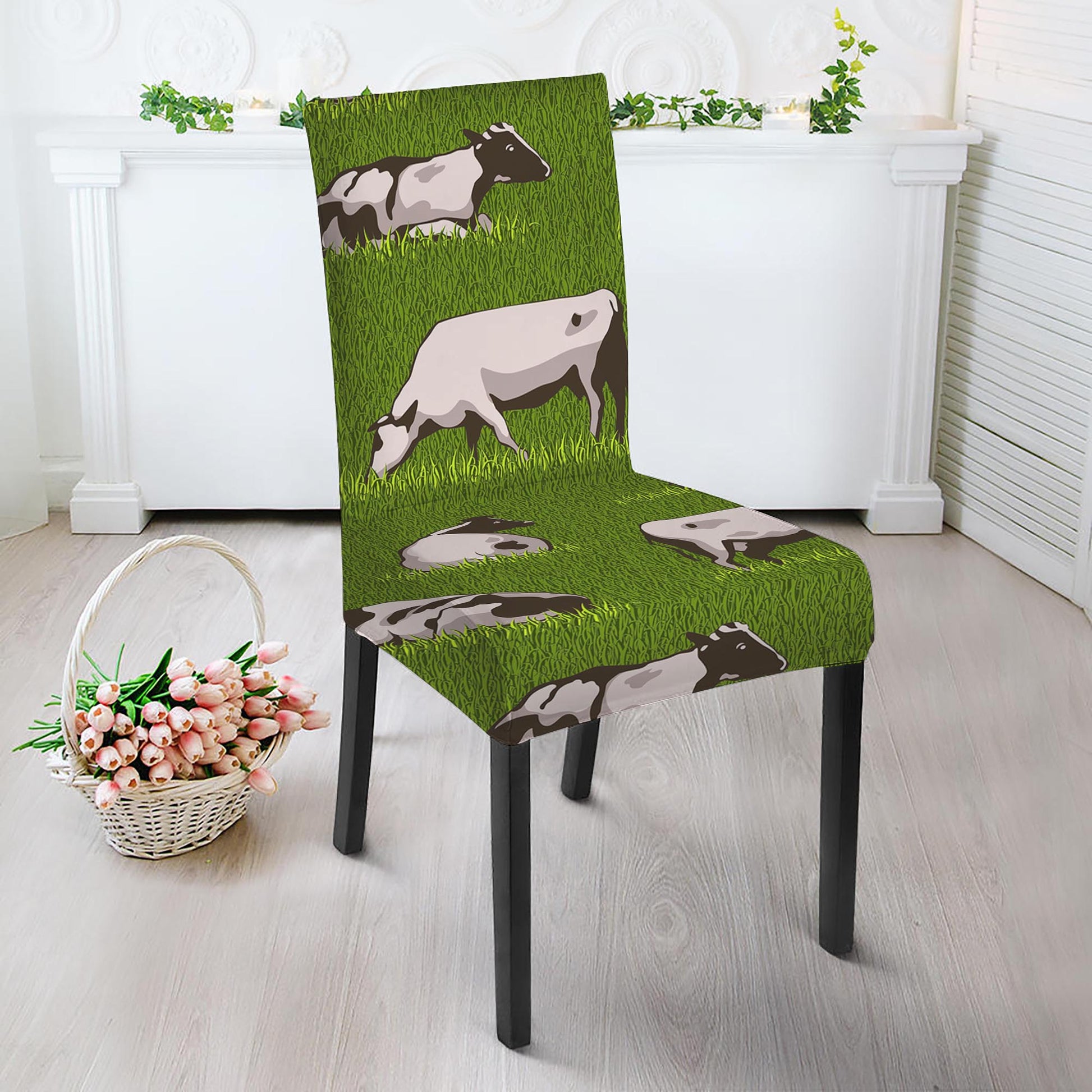 Cow On Green Grass Pattern Print Dining Chair Slipcover