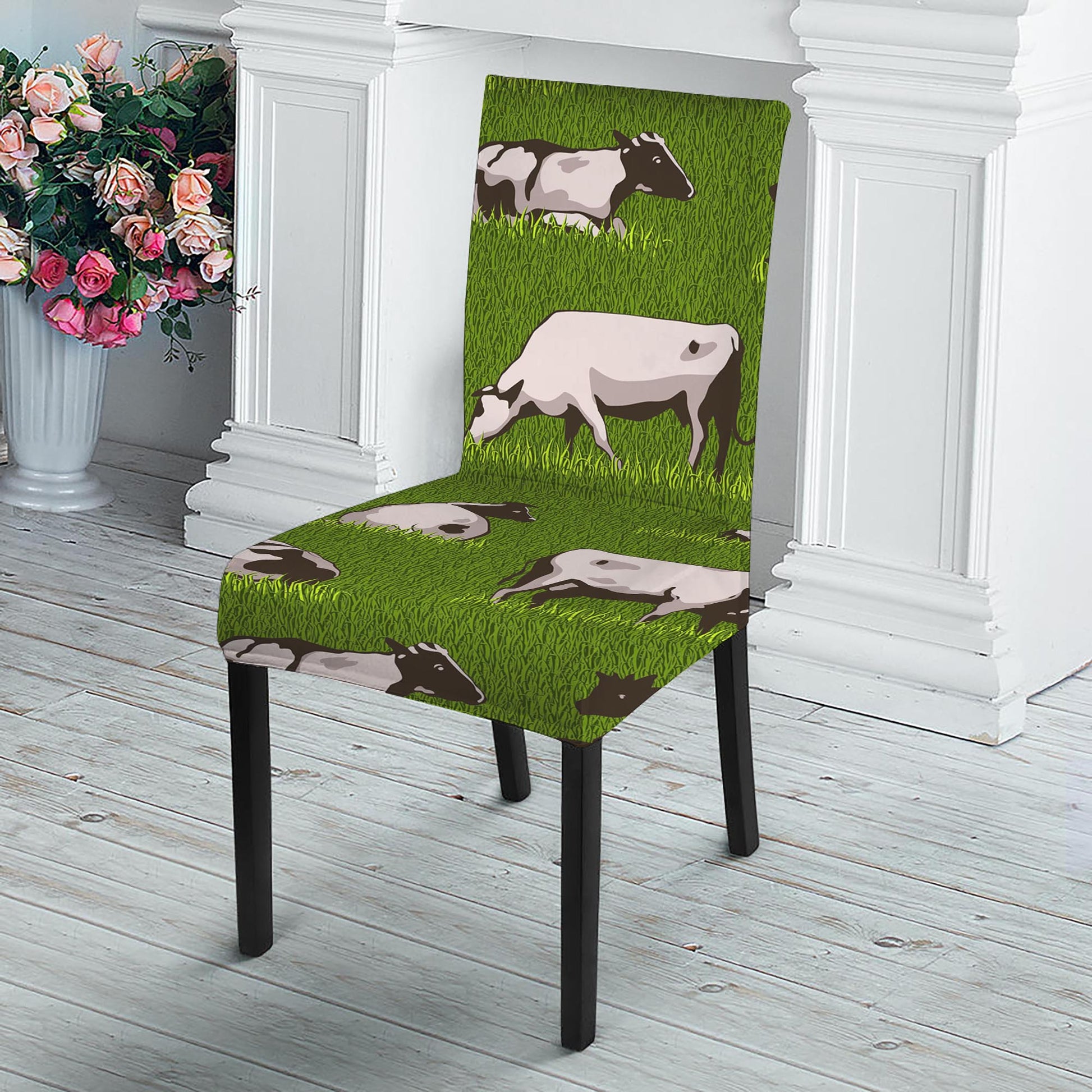 Cow On Green Grass Pattern Print Dining Chair Slipcover
