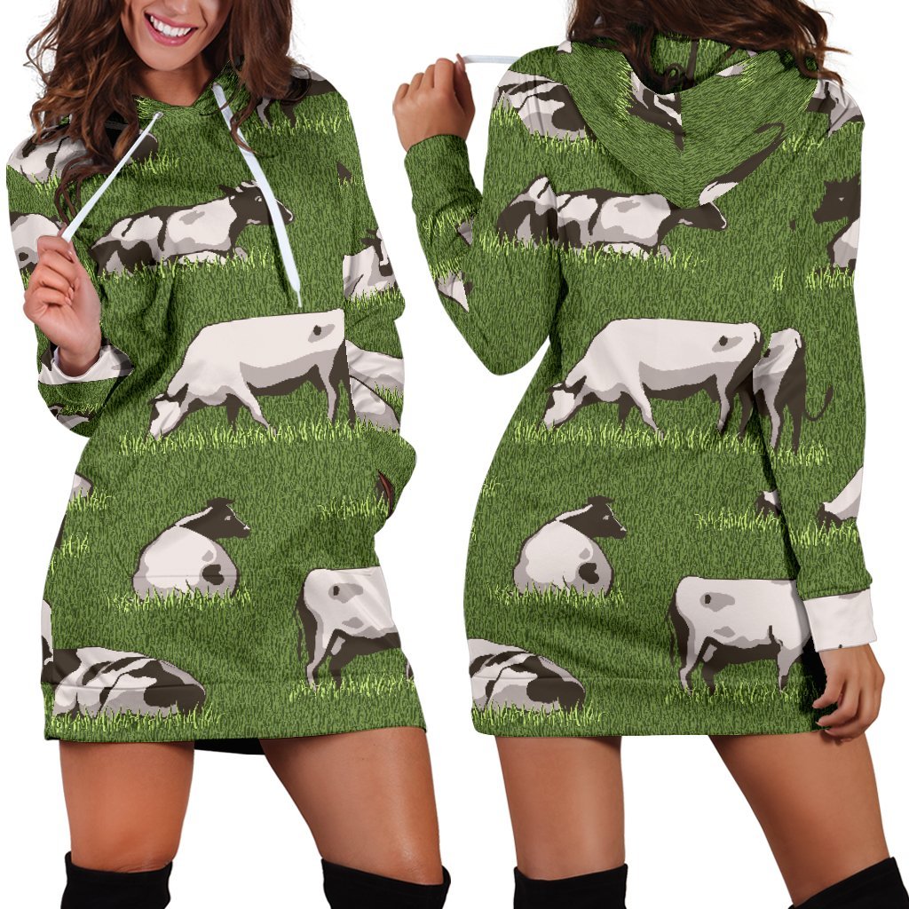 Cow On Green Grass Pattern Print Hoodie Dress GearFrost