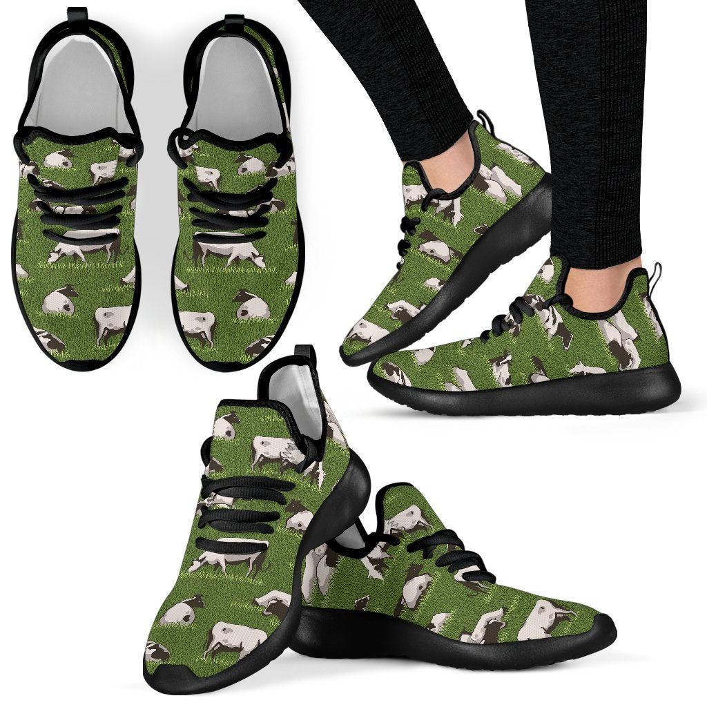 Cow On Green Grass Pattern Print Mesh Knit Shoes GearFrost