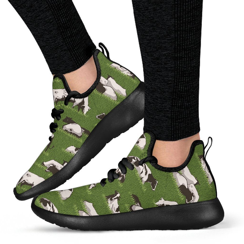Cow On Green Grass Pattern Print Mesh Knit Shoes GearFrost