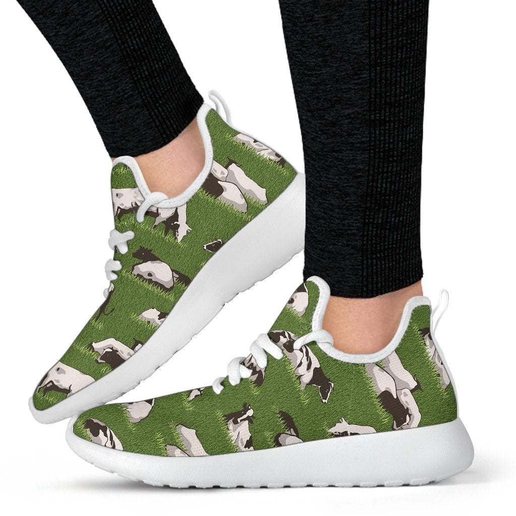 Cow On Green Grass Pattern Print Mesh Knit Shoes GearFrost