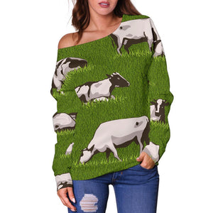 Cow On Green Grass Pattern Print Off Shoulder Sweatshirt GearFrost