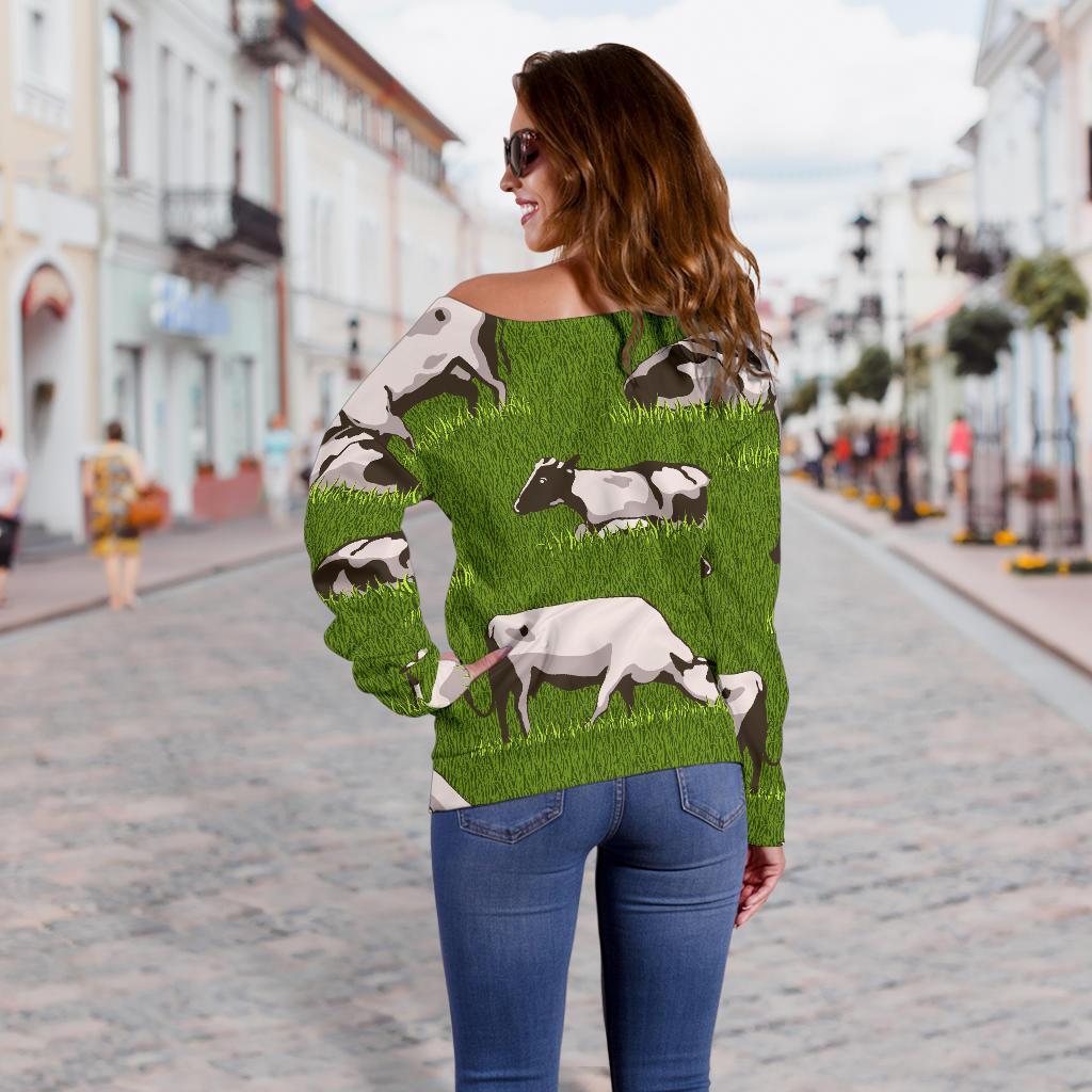 Cow On Green Grass Pattern Print Off Shoulder Sweatshirt GearFrost