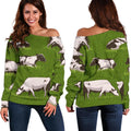 Cow On Green Grass Pattern Print Off The Shoulder Sweatshirt