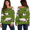 Cow On Green Grass Pattern Print Off Shoulder Sweatshirt GearFrost