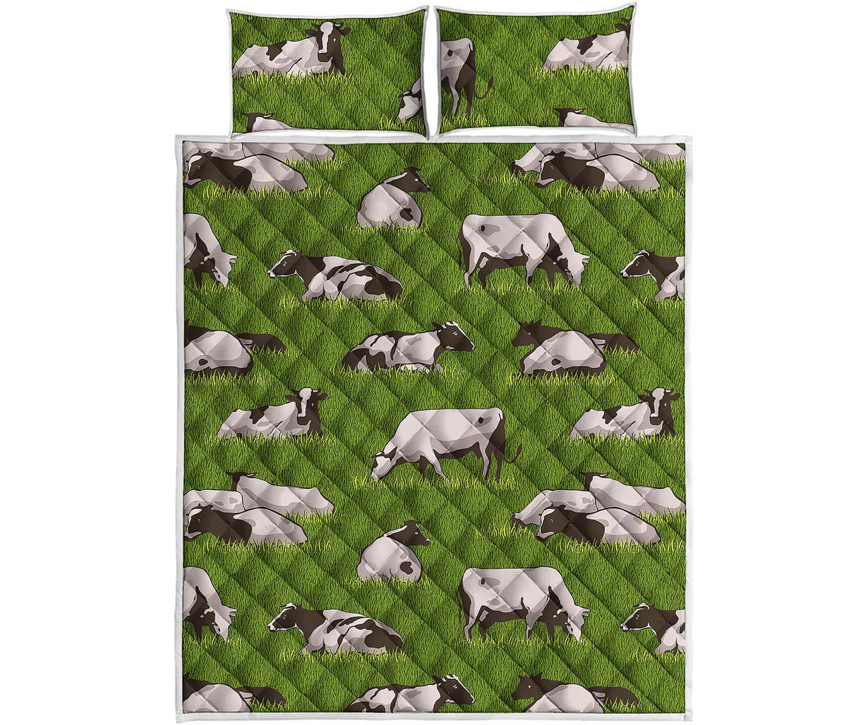 Cow On Green Grass Pattern Print Quilt Bed Set