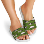 Cow On Green Grass Pattern Print White Slide Sandals