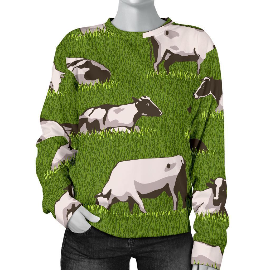 Cow On Green Grass Pattern Print Women's Crewneck Sweatshirt GearFrost