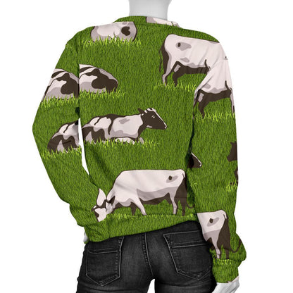 Cow On Green Grass Pattern Print Women's Crewneck Sweatshirt GearFrost