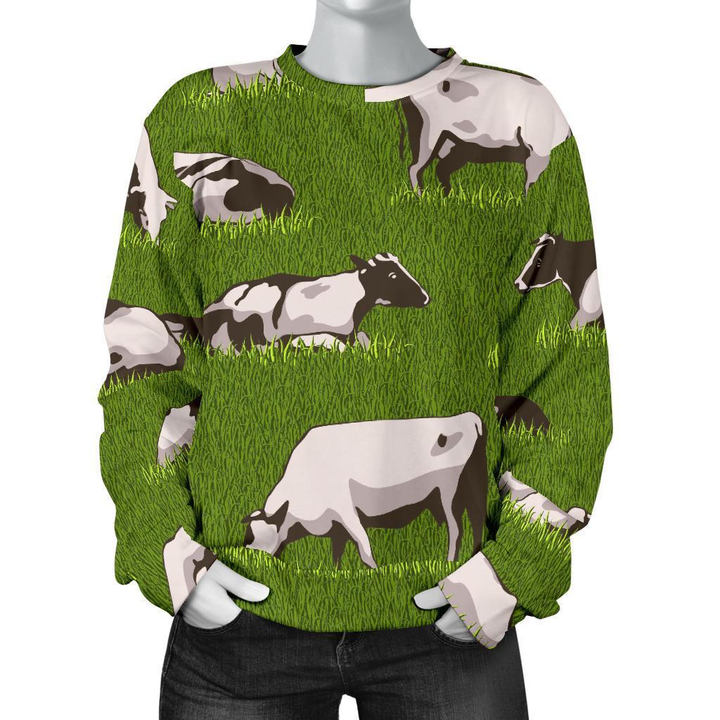 Cow On Green Grass Pattern Print Women's Crewneck Sweatshirt GearFrost
