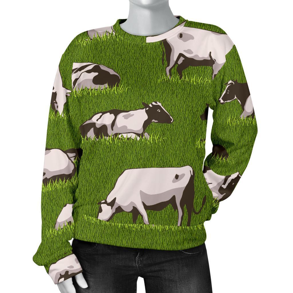 Cow On Green Grass Pattern Print Women's Crewneck Sweatshirt GearFrost