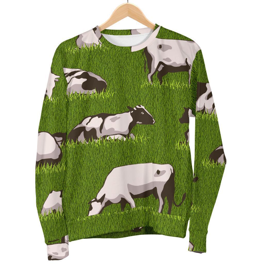 Cow On Green Grass Pattern Print Women's Crewneck Sweatshirt GearFrost