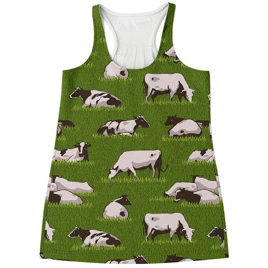 Cow On Green Grass Pattern Print Women's Racerback Tank Top