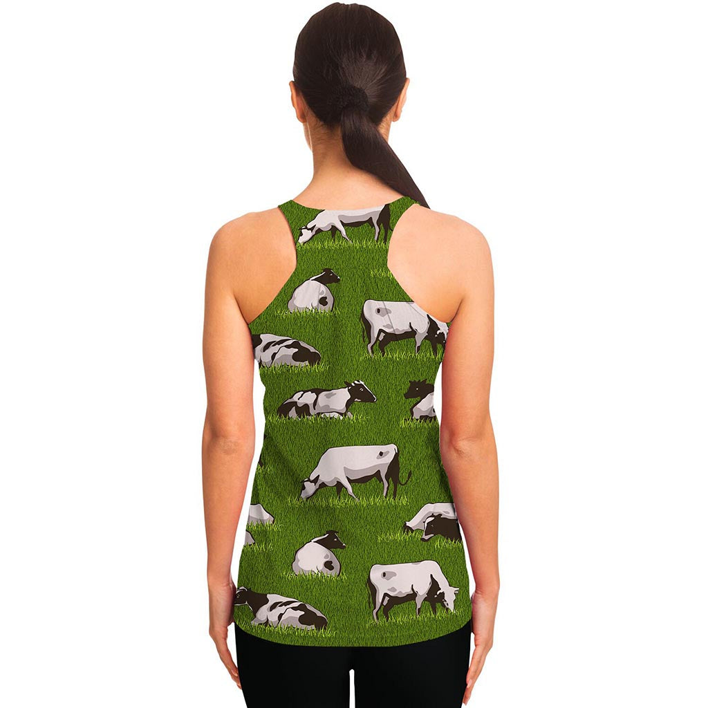 Cow On Green Grass Pattern Print Women's Racerback Tank Top