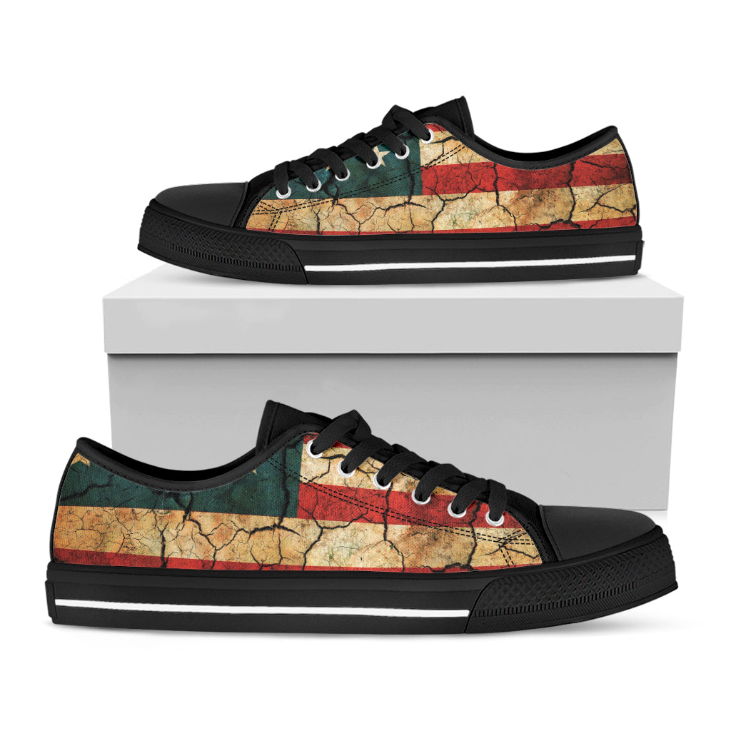 Cracked American Flag Print Black Low Top Shoes 