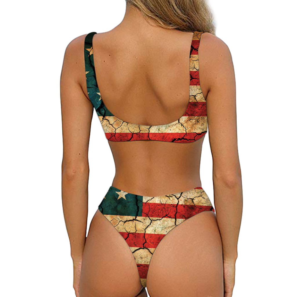 Cracked American Flag Print Front Bow Tie Bikini
