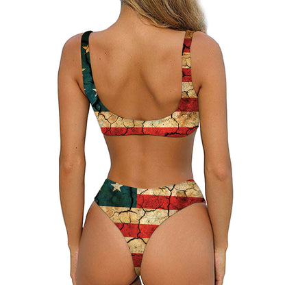Cracked American Flag Print Front Bow Tie Bikini