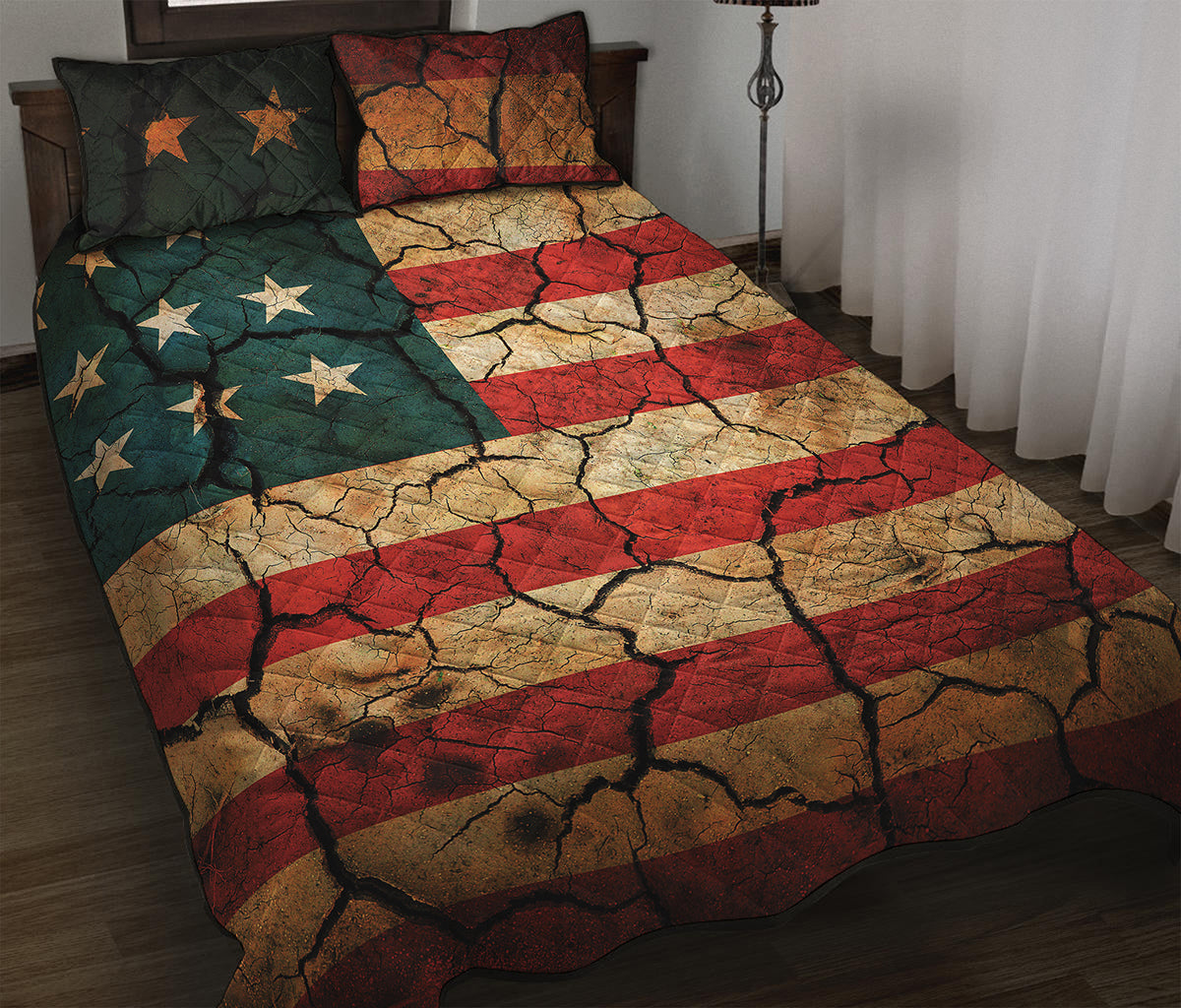 Cracked American Flag Print Quilt Bed Set