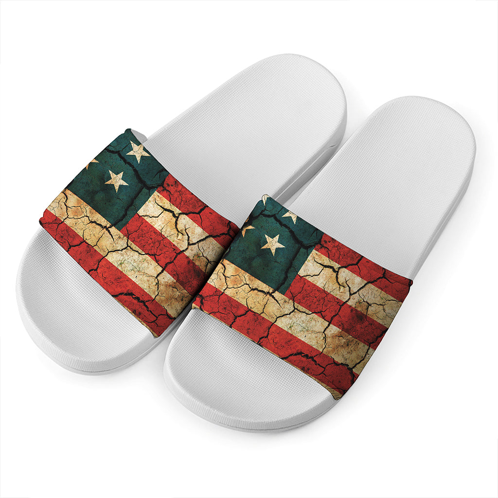 Cracked American Flag Print White Slide Sandals