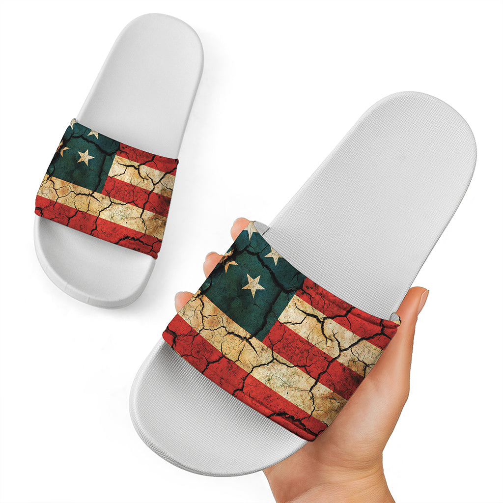 Cracked American Flag Print White Slide Sandals