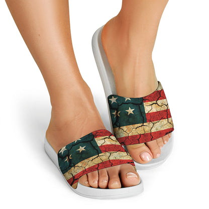 Cracked American Flag Print White Slide Sandals