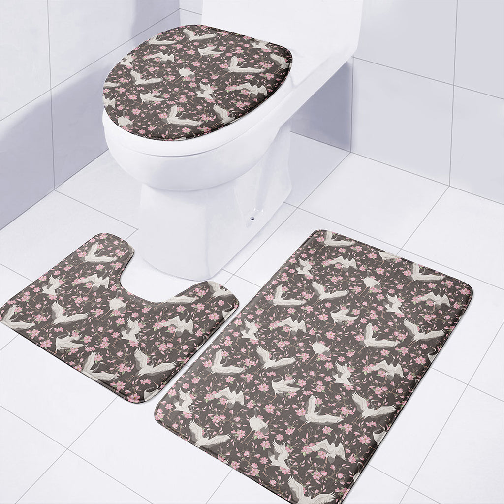 Crane Bird And Flower Pattern Print 3 Piece Bath Mat Set