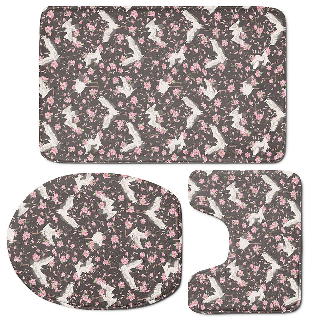 Crane Bird And Flower Pattern Print 3 Piece Bath Mat Set