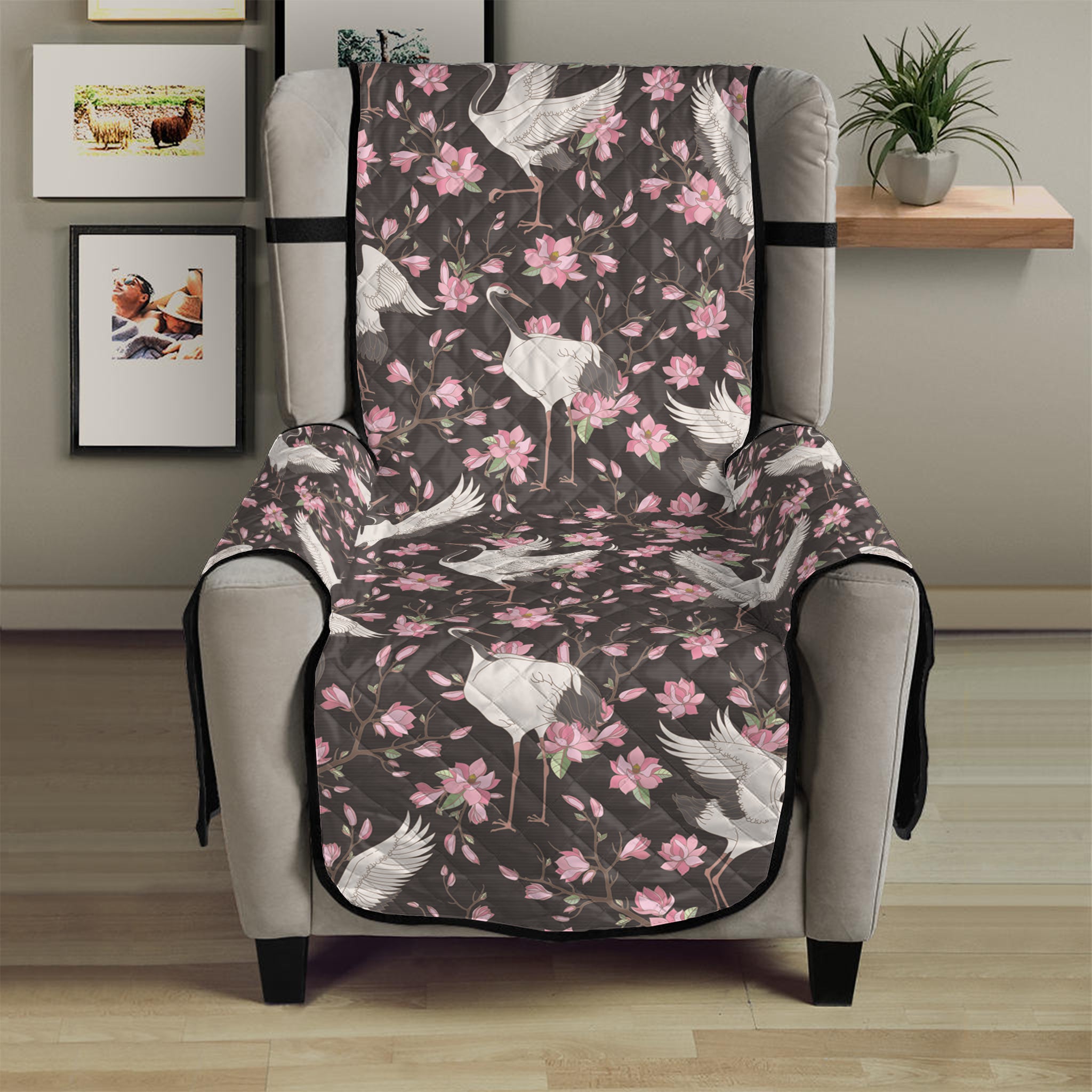 Crane Bird And Flower Pattern Print Armchair Protector