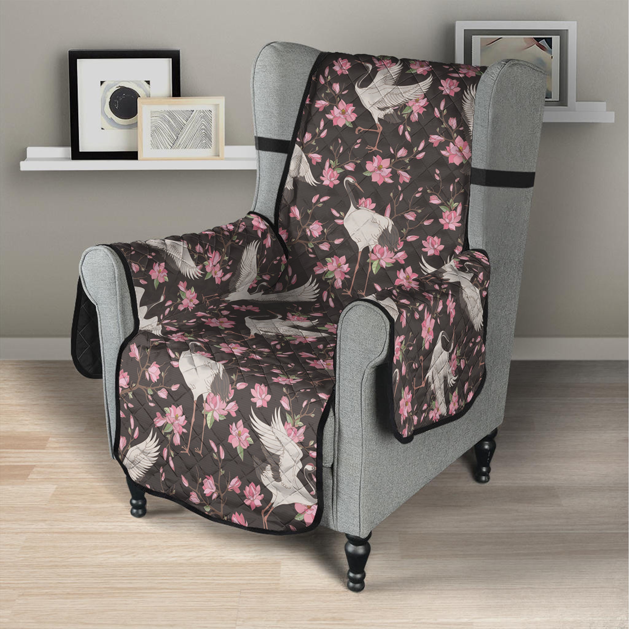 Crane Bird And Flower Pattern Print Armchair Protector