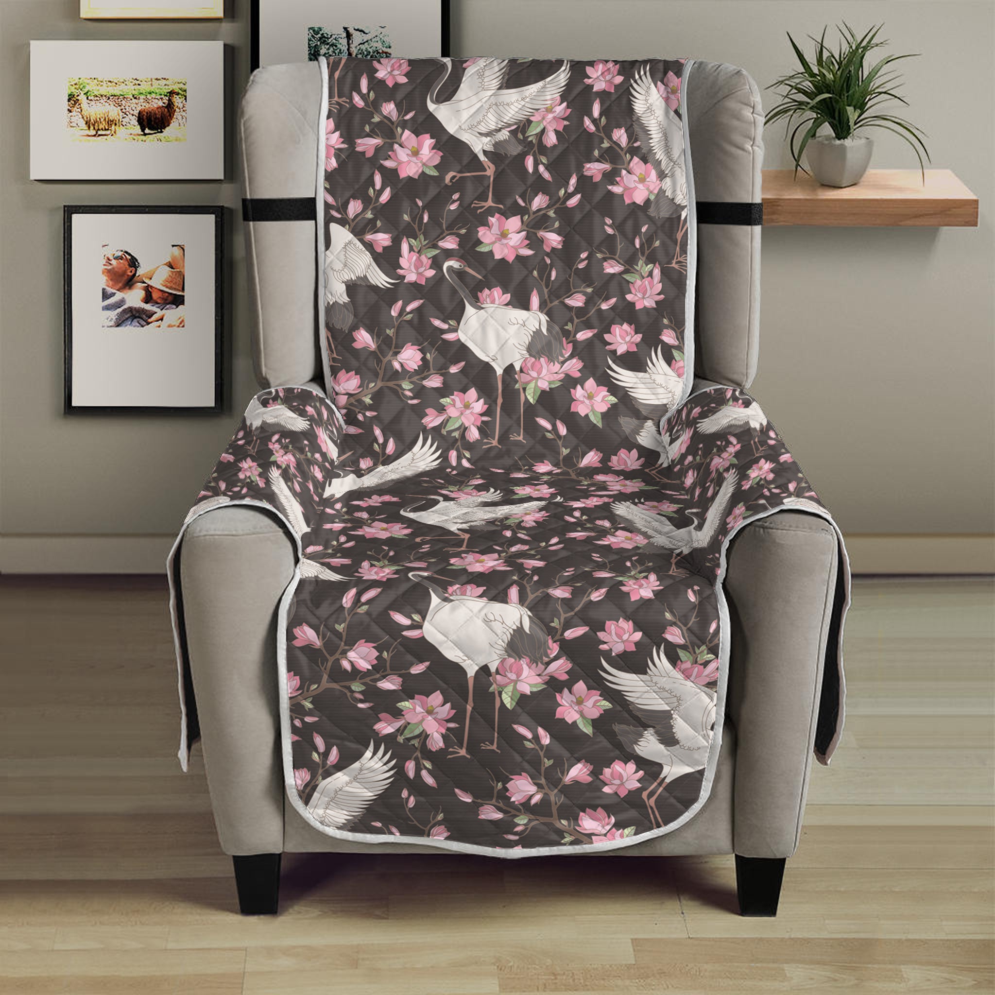 Crane Bird And Flower Pattern Print Armchair Protector