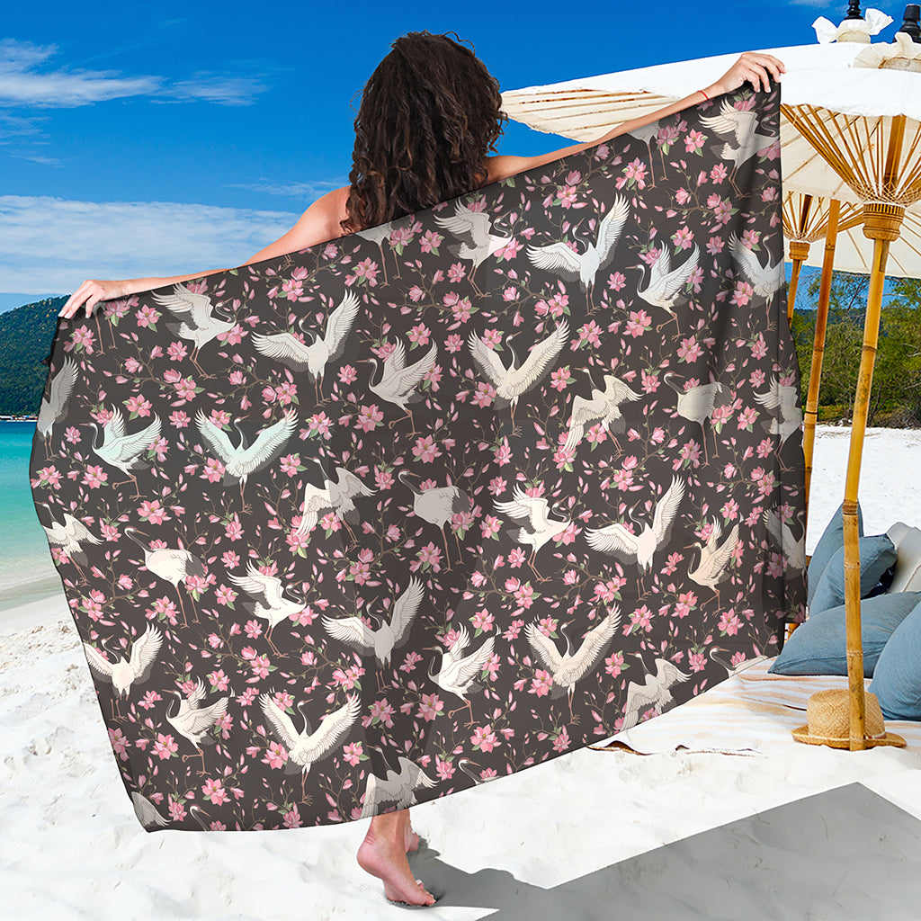 Crane Bird And Flower Pattern Print Beach Sarong Wrap